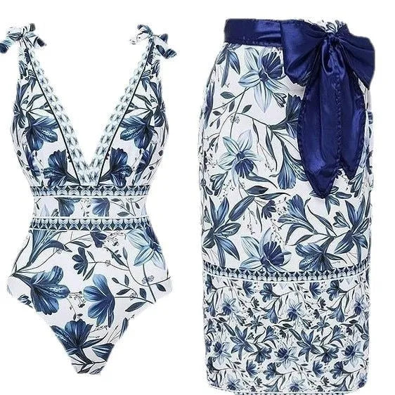 Women's one-piece swimsuit with optional printed skirt, sleeveless polyester, sizes S to XL