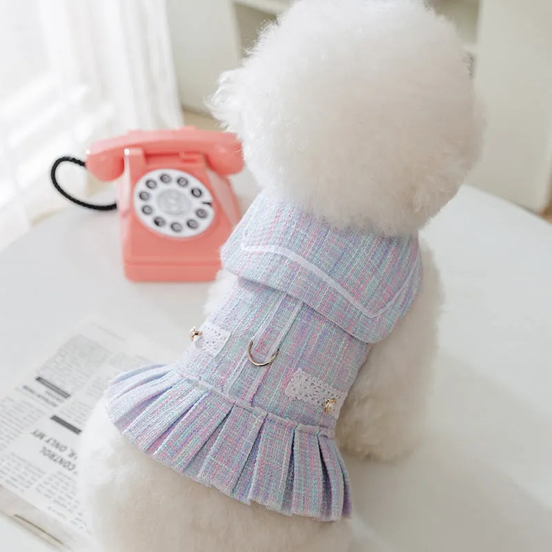 Polyester pet clothes for cats and small dogs in Salem purple or A & L pink colours with weight-based sizing