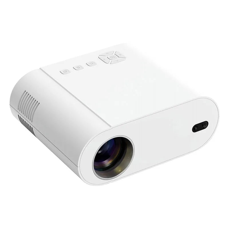 White T07 Full HD 1080p smart home cinema projector with remote control on a wooden surface.