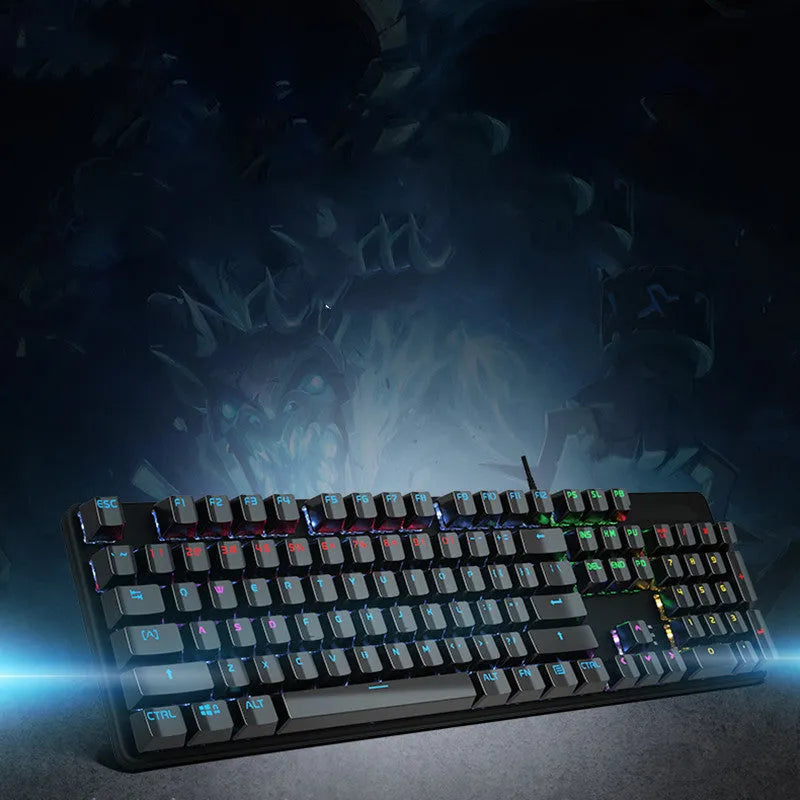 GK410 mechanical keyboard with USB cable showing metal construction and 104-key layout