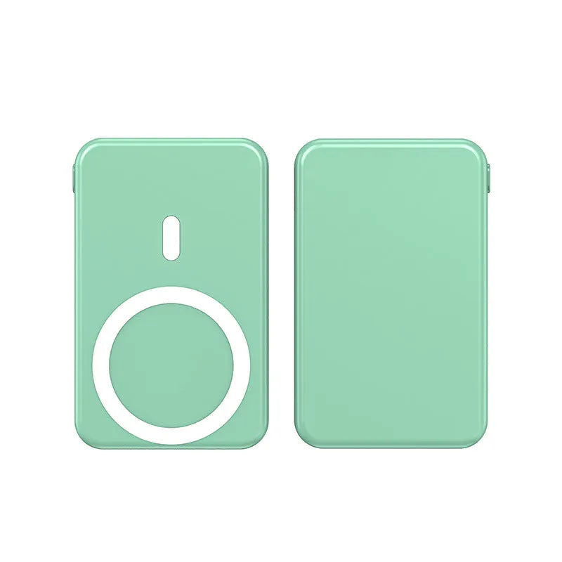 Magnetic wireless charging power bank with folding stand unfolded, shown in navy blue colour.