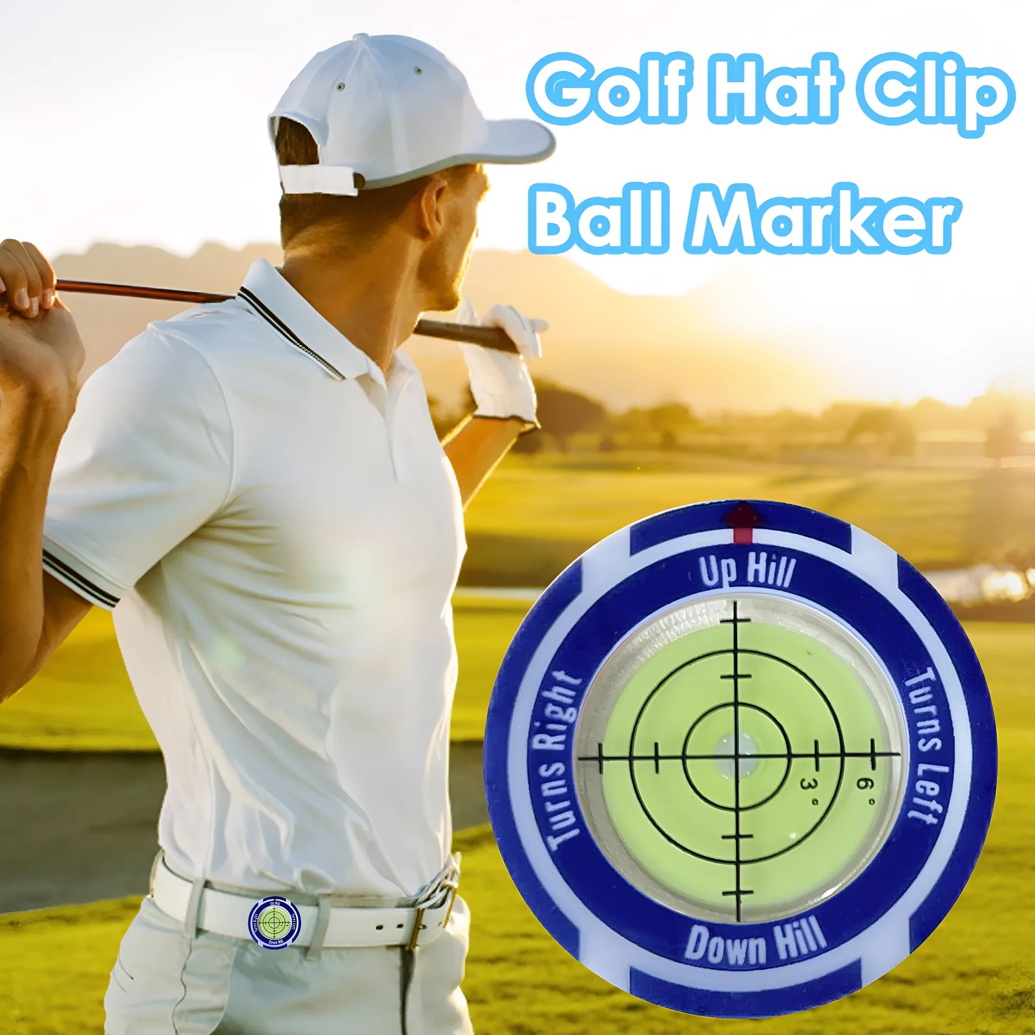 Golf hat clip spirit level showing liquid-filled vial with positioning marks for slope measurement