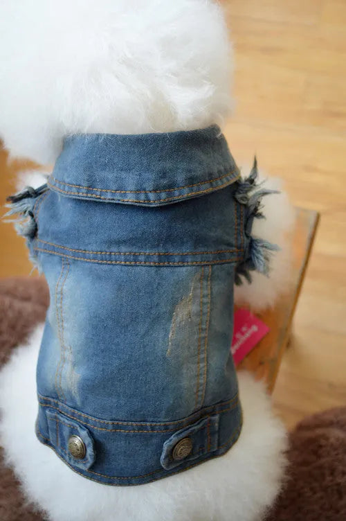 Retro scratch pattern denim vest for dogs in dark and light wash colours