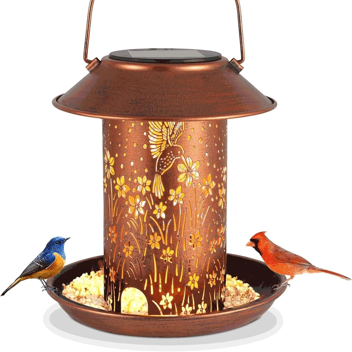 Solar-powered hummingbird pattern iron art bird feeder with LED lighting for outdoor garden decoration