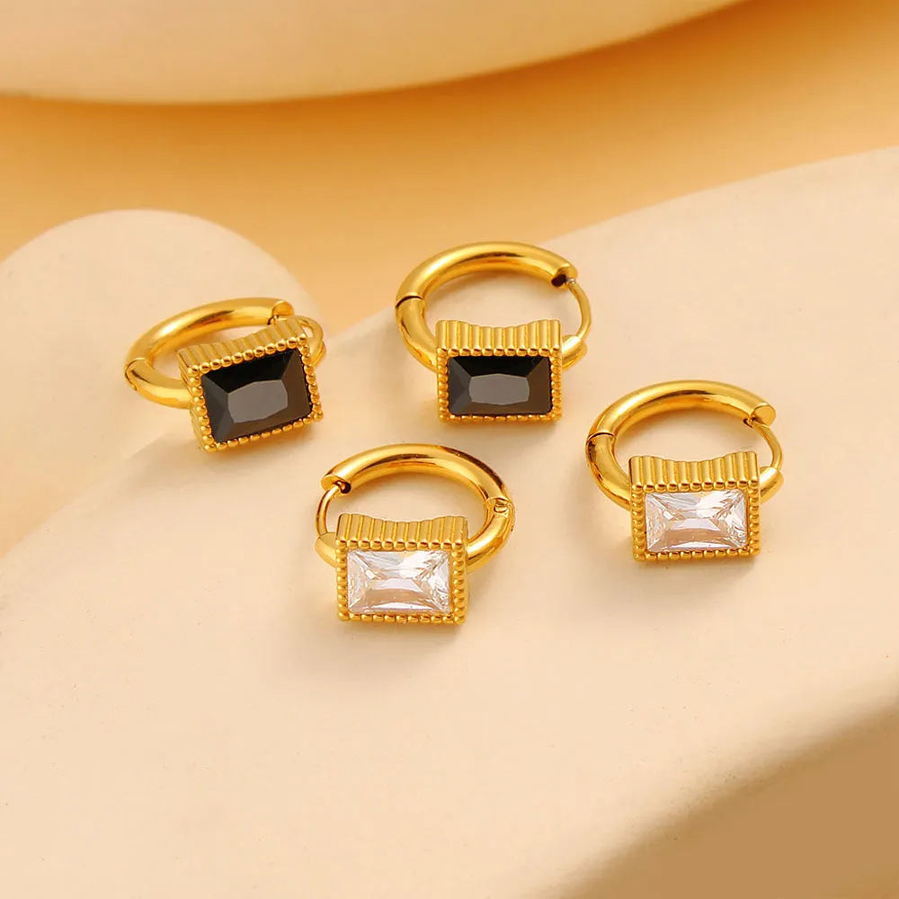 Square geometric stainless steel earrings with a round zircon stone, available in white, black, or green.