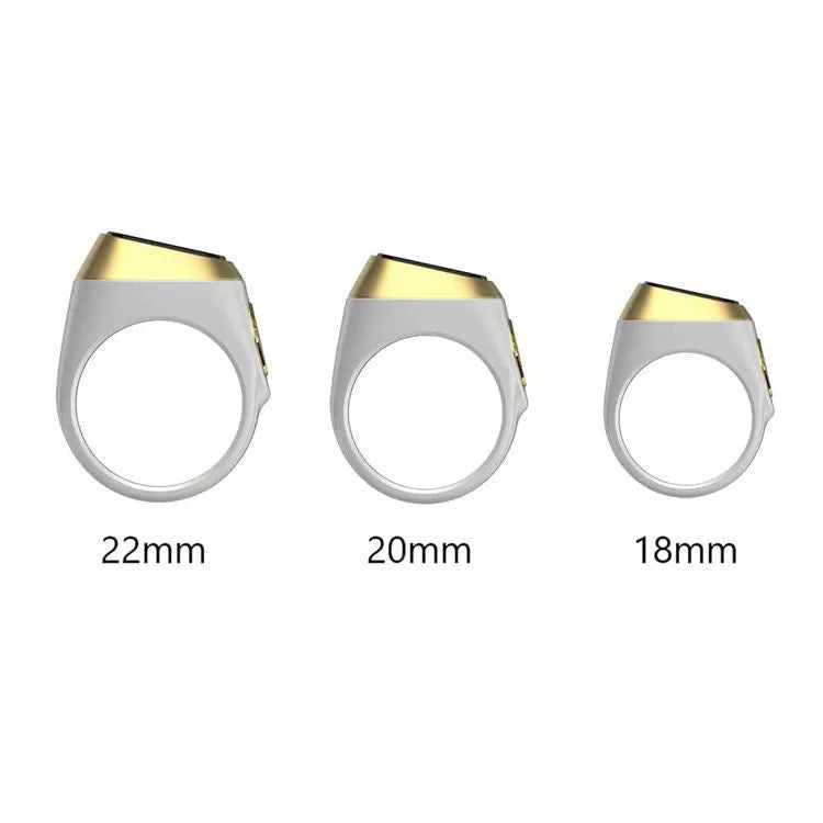 Silver smart ring with a button and small OLED display on a finger.