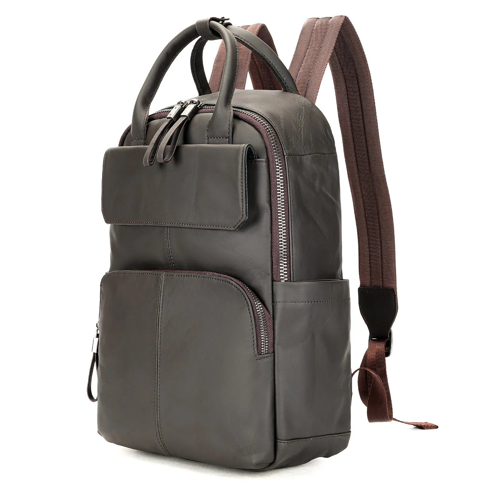 Genuine leather retro backpack in brown with visible sewing thread, waterproof and wear-resistant for daily use