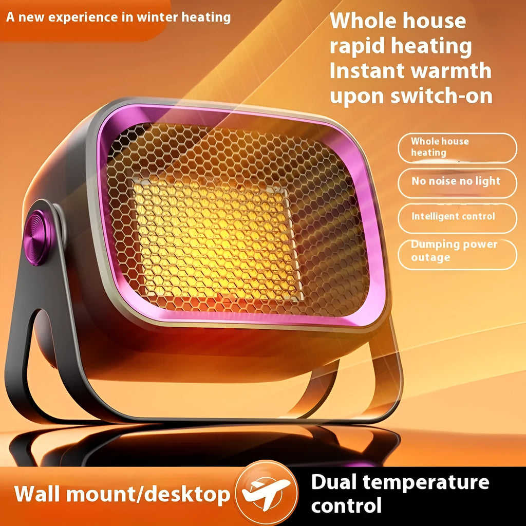 Compact white desktop ceramic heater showing rotatable base and control buttons.