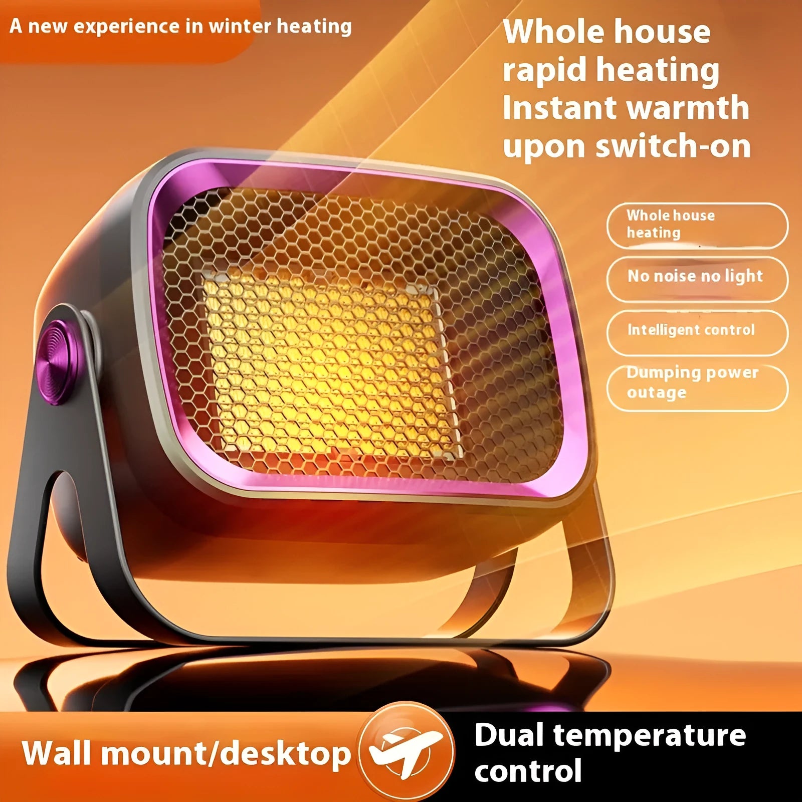 Compact white desktop ceramic heater showing rotatable base and control buttons.