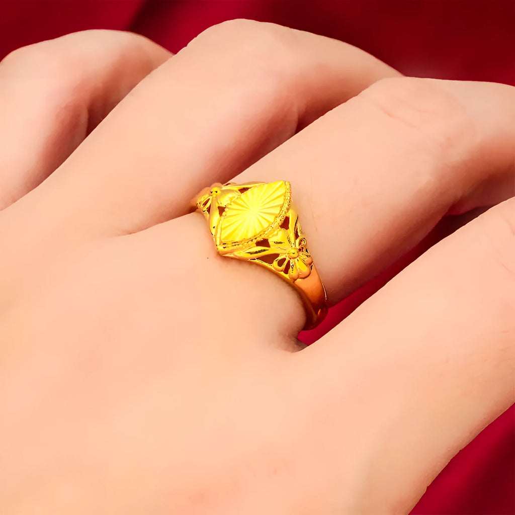 Women's gold electroplated brass ring with open diamond flower geometric texture design