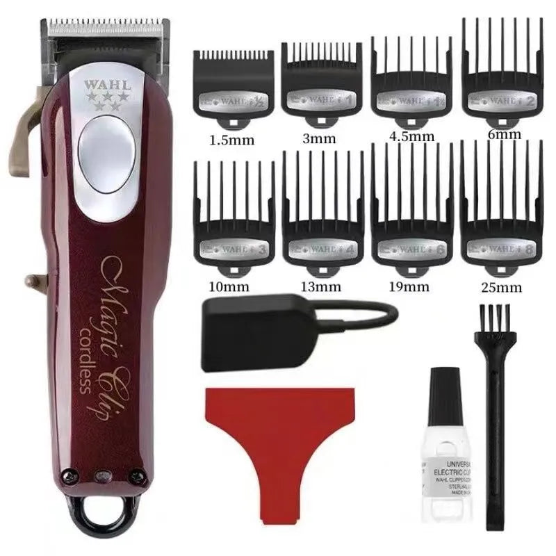 Cordless charging hair clippers with stainless steel cutter head, includes EU UK and US plug adapters