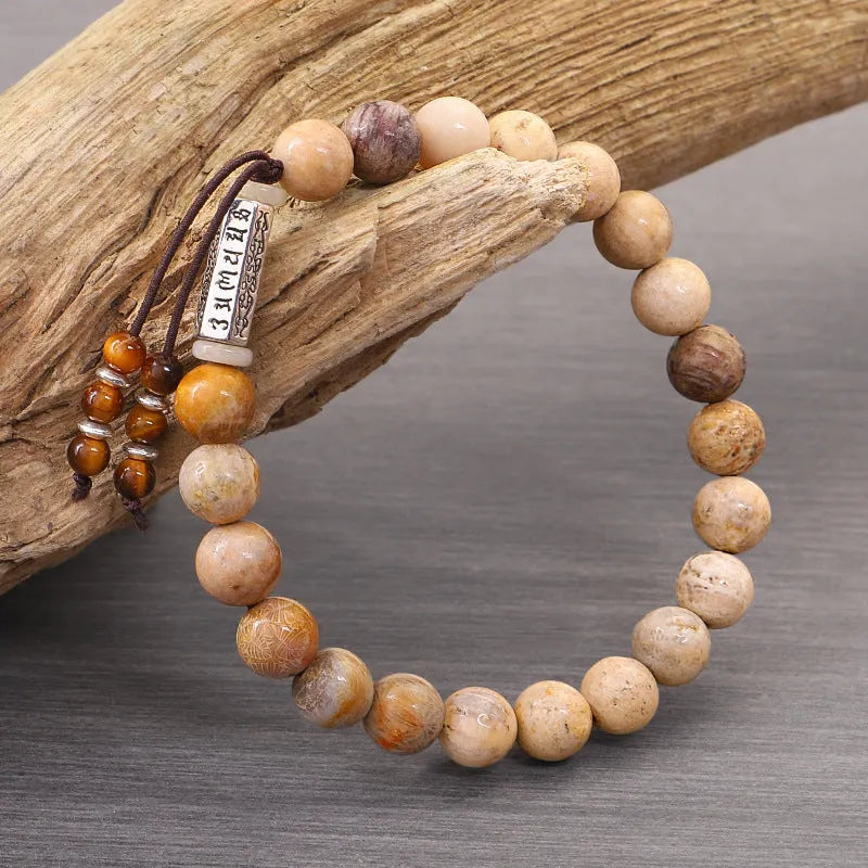 Handmade wood colour stone bead bracelet with original retro design.