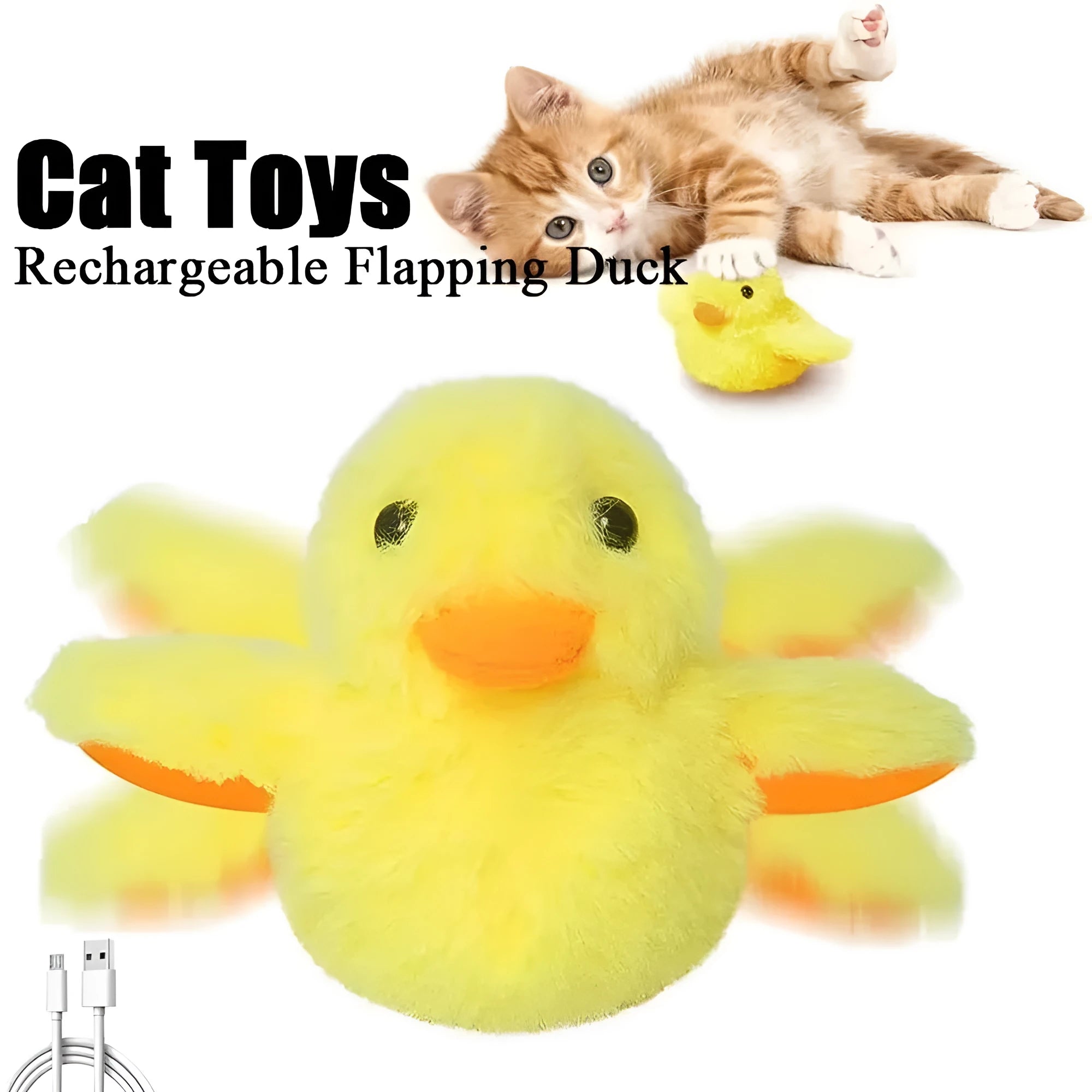 Yellow flapping duck interactive cat toy with motion sensor on a plain background.
