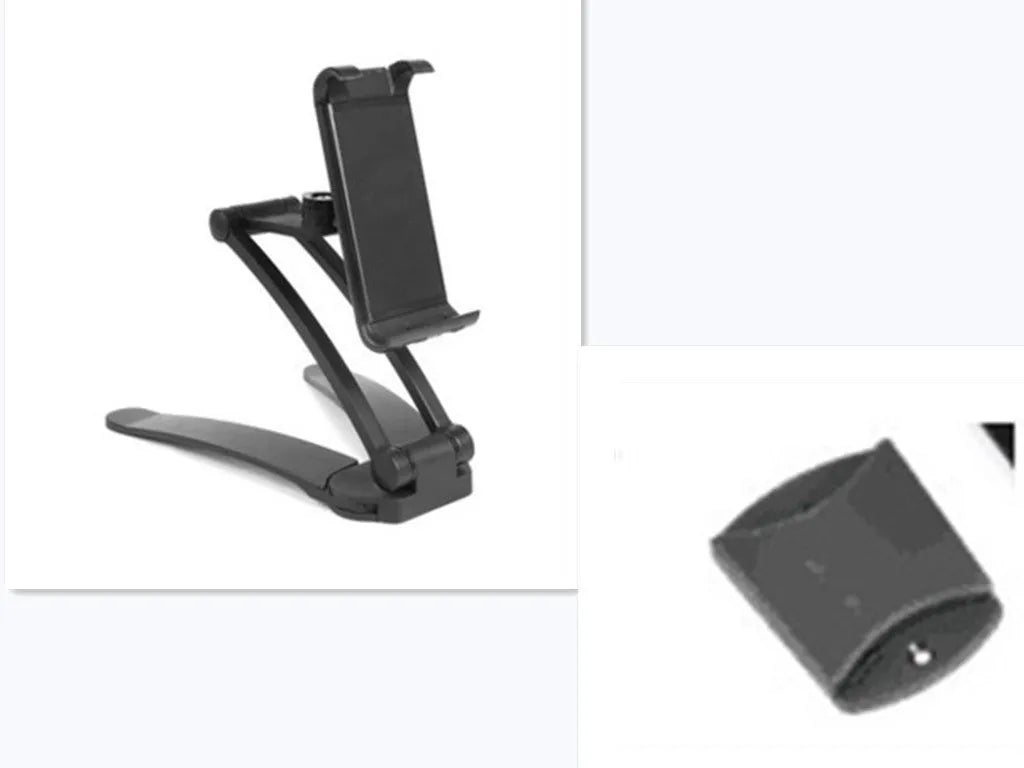 Silver aluminum alloy desktop stand holding a tablet at an angle, showing its adjustable clip and 360-degree rotation base.