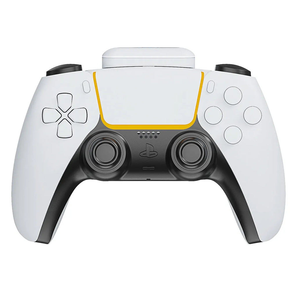 White PS5 handle back battery pack with LED display attached to a gamepad
