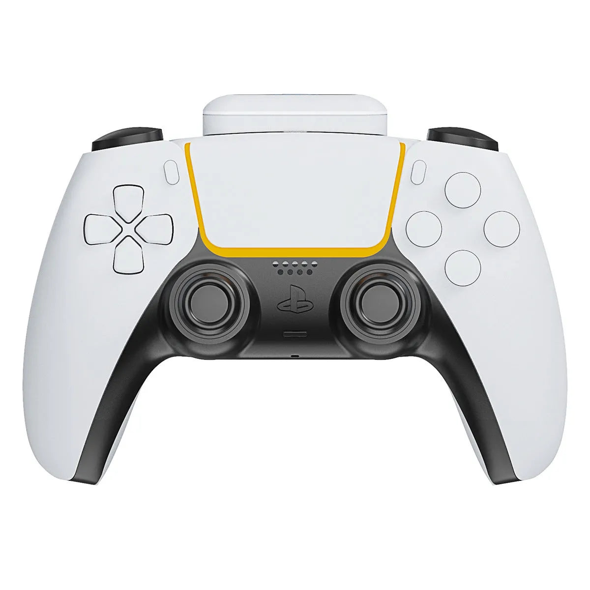 White PS5 handle back battery pack with LED display attached to a gamepad