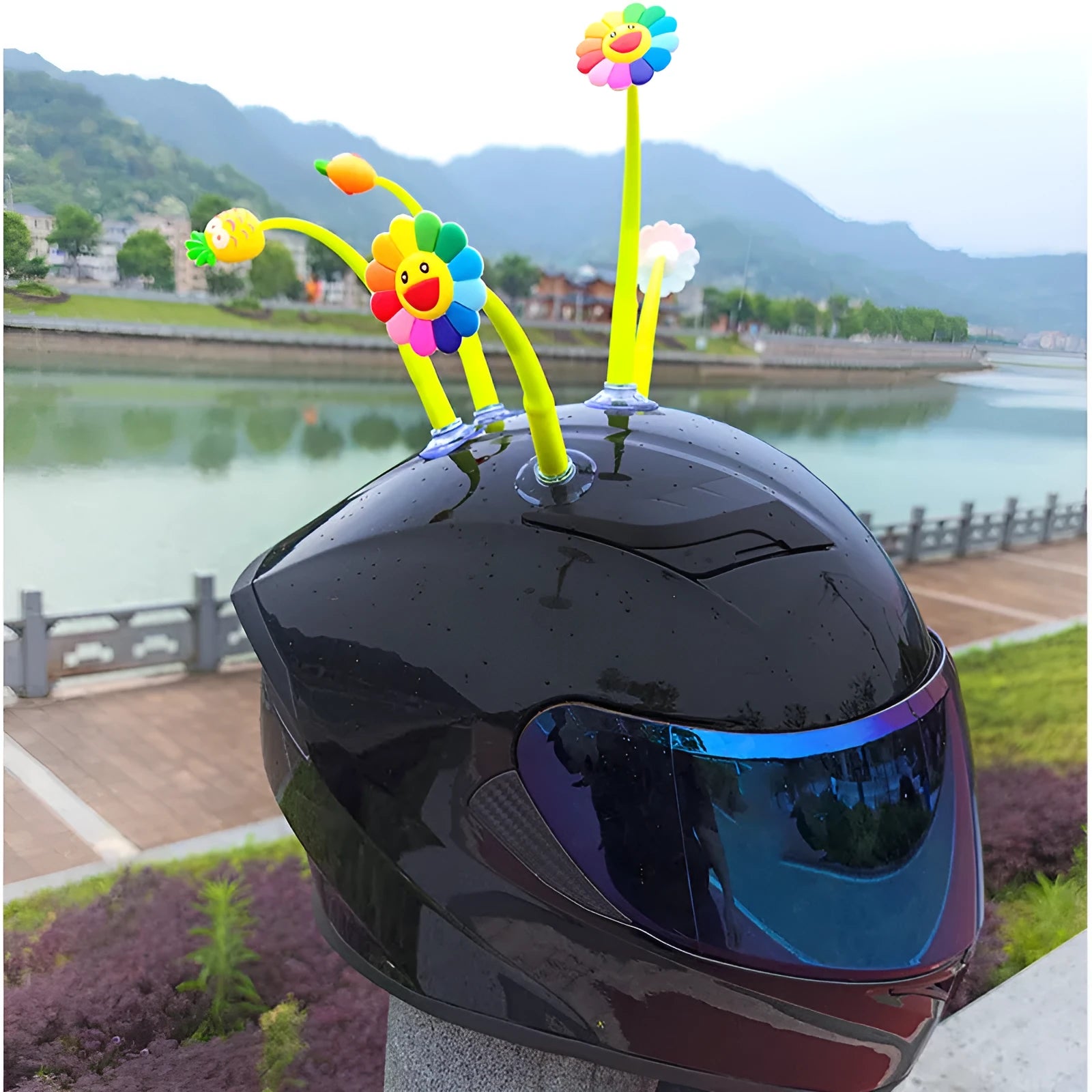 Yellow silicone sunflower helmet decoration with a suction cup on the back.