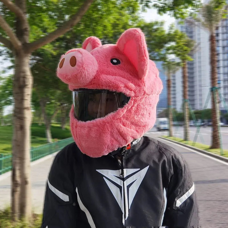 Pinkpig coloured plush helmet protective hood for motorcycles made from pv velvet cloth.