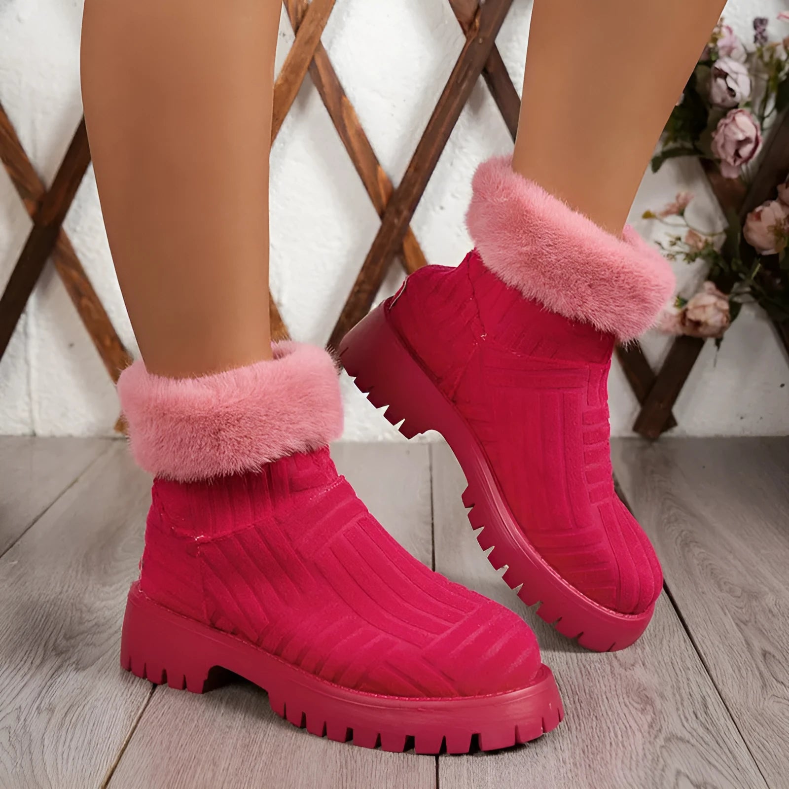 Women's winter ankle boots with thick sole and cotton lining in green
