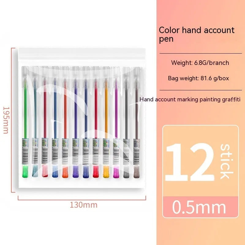 Box containing twelve coloured gel pens with 0.5mm fine tips for journal writing and organisation