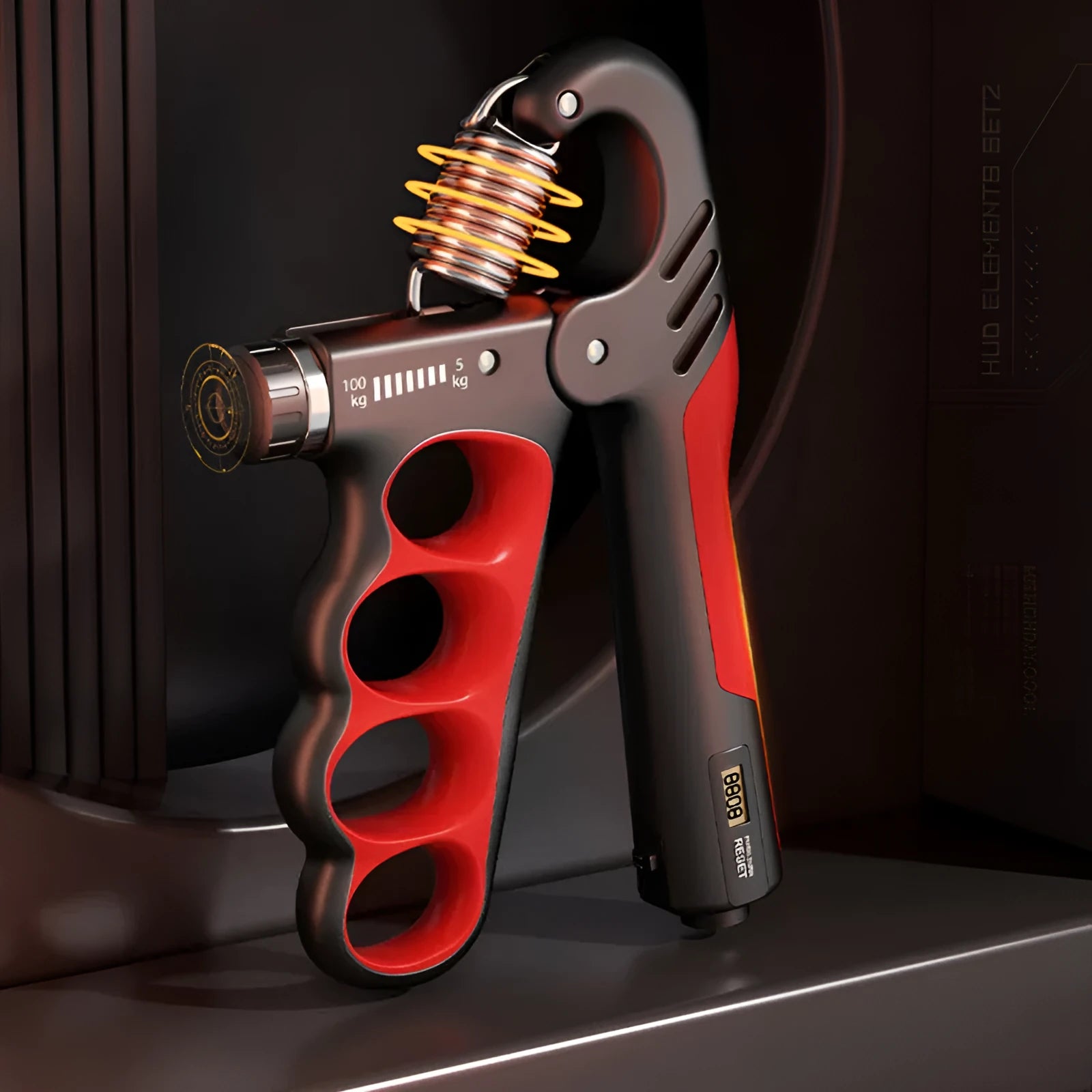 Adjustable electronic counter spring grip for fitness, shown with grey display.