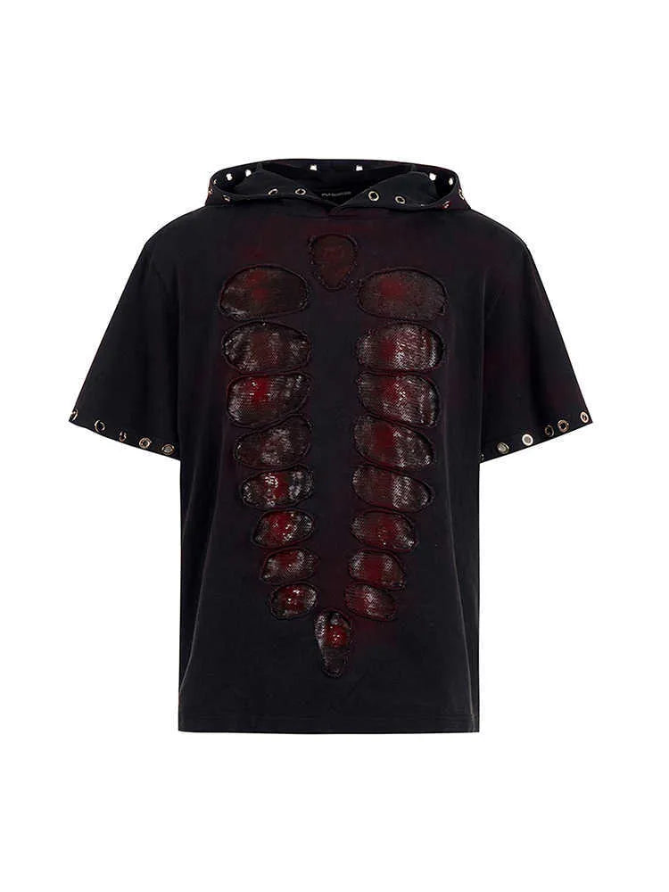 Black men's hooded short-sleeved t-shirt with sequin detailing and loose fit
