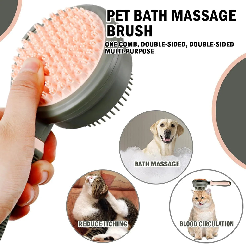Green and pink double-sided cat brush with release button and flea comb