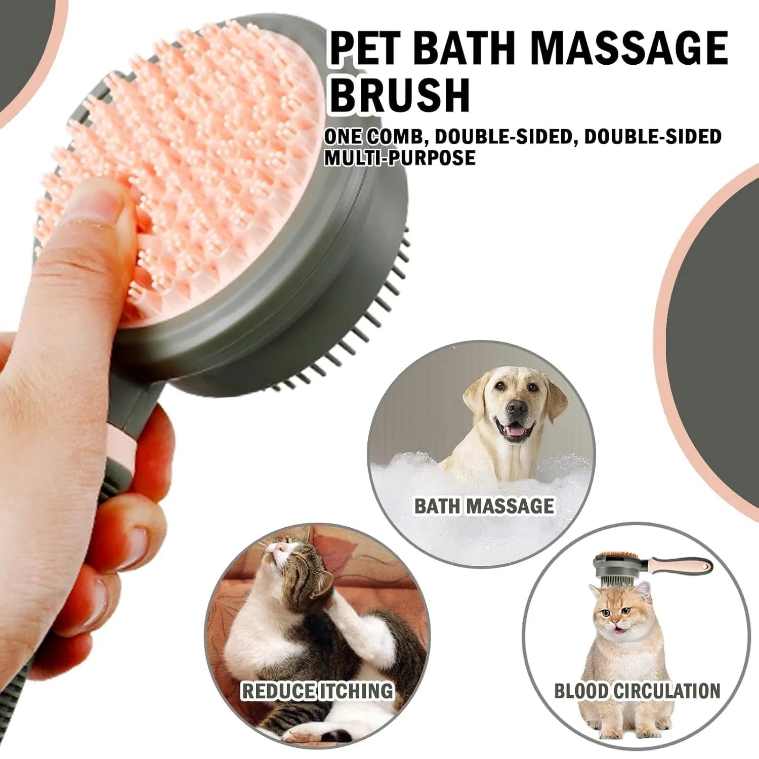 Green and pink double-sided cat brush with release button and flea comb