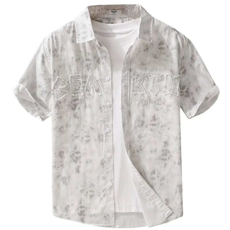 Grey white loose fit men's pure cotton short sleeve cardigan with hanging dyed print.