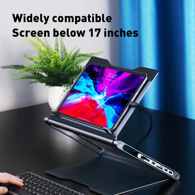 Aluminium alloy laptop stand with 8-in-1 docking station in deep space grey, cave-type design with silicone pads