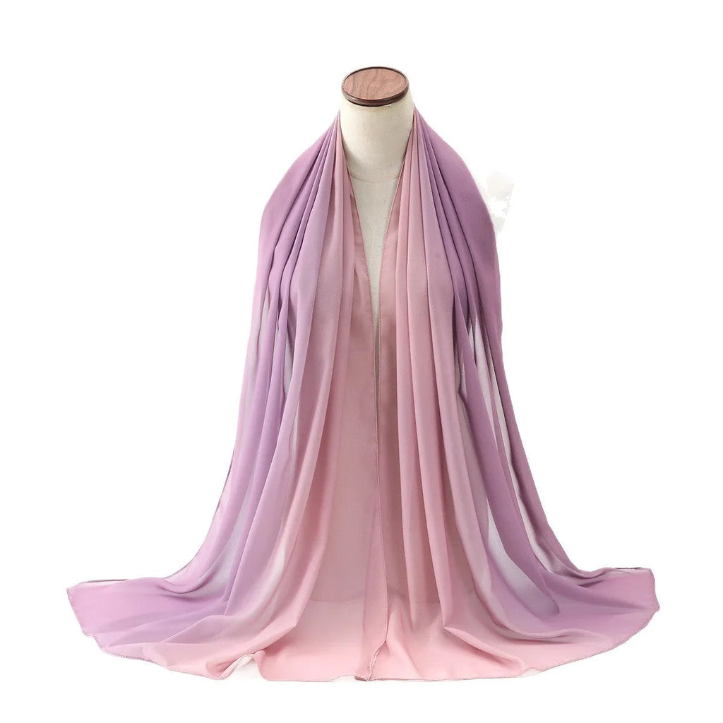 Women's long chiffon bubble towel scarf in ethnic Pu long style, shown in summer setting