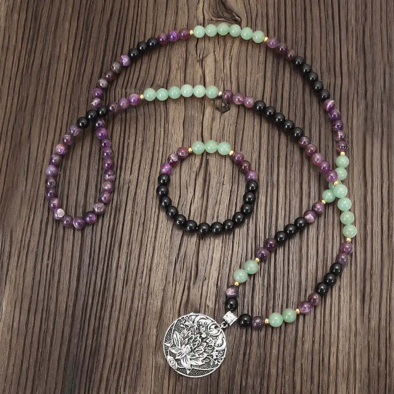 Yoga lotus pendant necklace and matching bracelet set with handmade stone beads