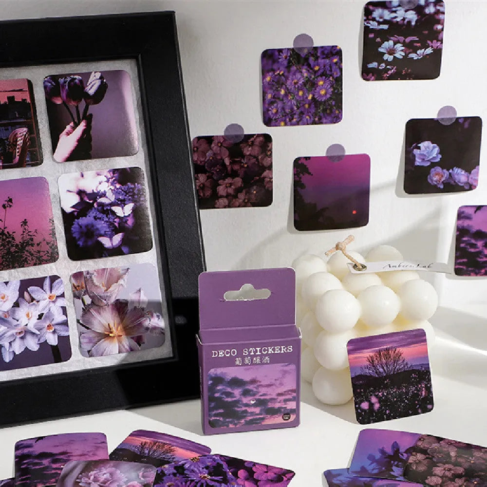 Box of mountain and sea sunshine decorative stickers showing six colour themes with 44mm square designs