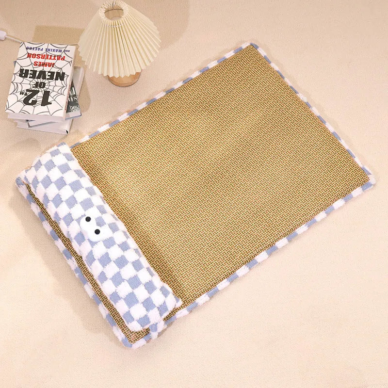 Grey rectangular plush pet cushion for dogs or cats on a wooden floor.