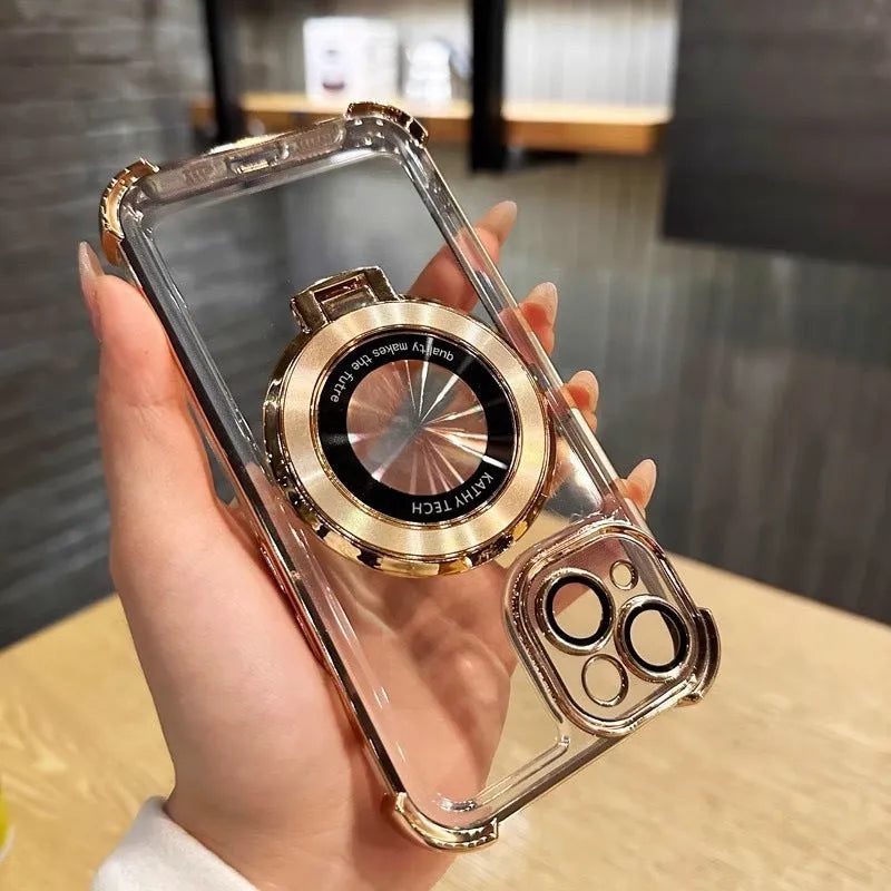 Transparent acrylic iPhone case with four-corner fall protection and built-in lens protector in black.