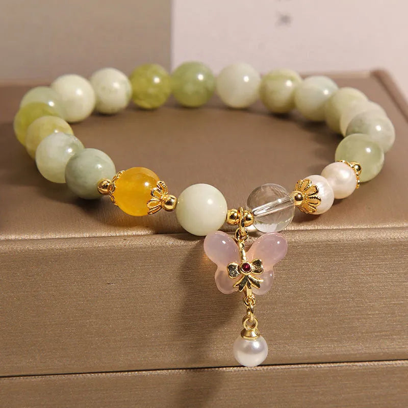 Green women's mori style bracelet with crystal pearl and rhinestone accents