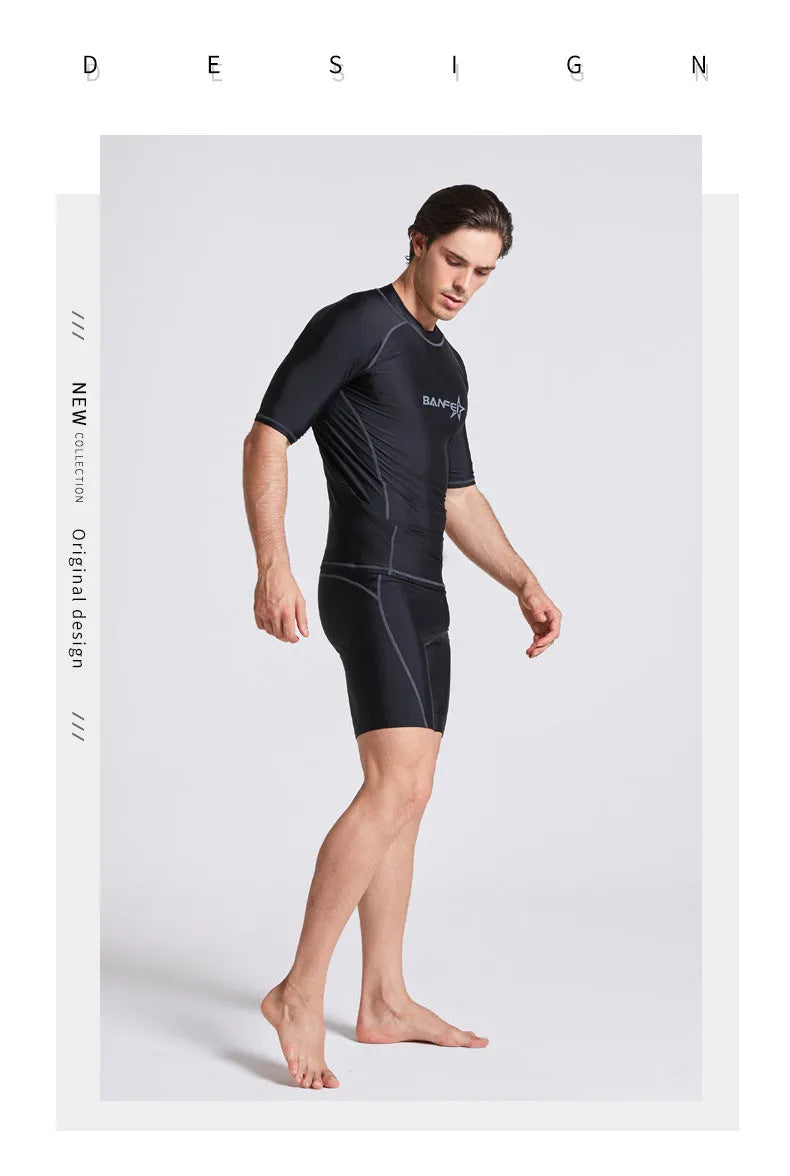 Men's blue quick-dry half sleeve swimsuit for surfing and snorkelling with nylon fabric