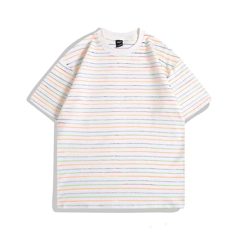 Colour striped loose fit half sleeve t-shirt on a hanger, showing apricot, black, yellow, grey, and pink colour options.