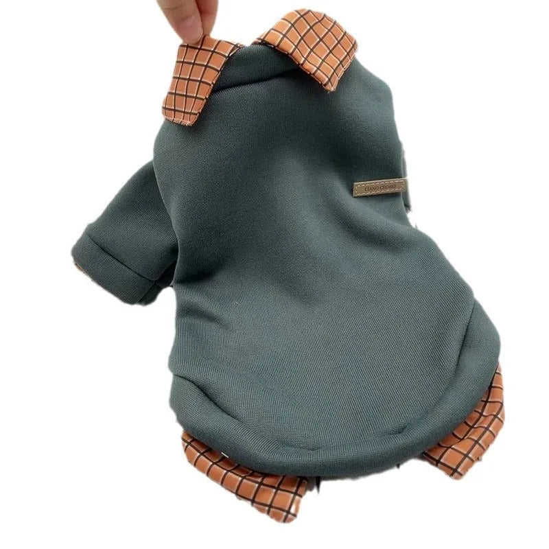 Grey dog sweater with detachable collar hoodie on small breed dog showing front and side views