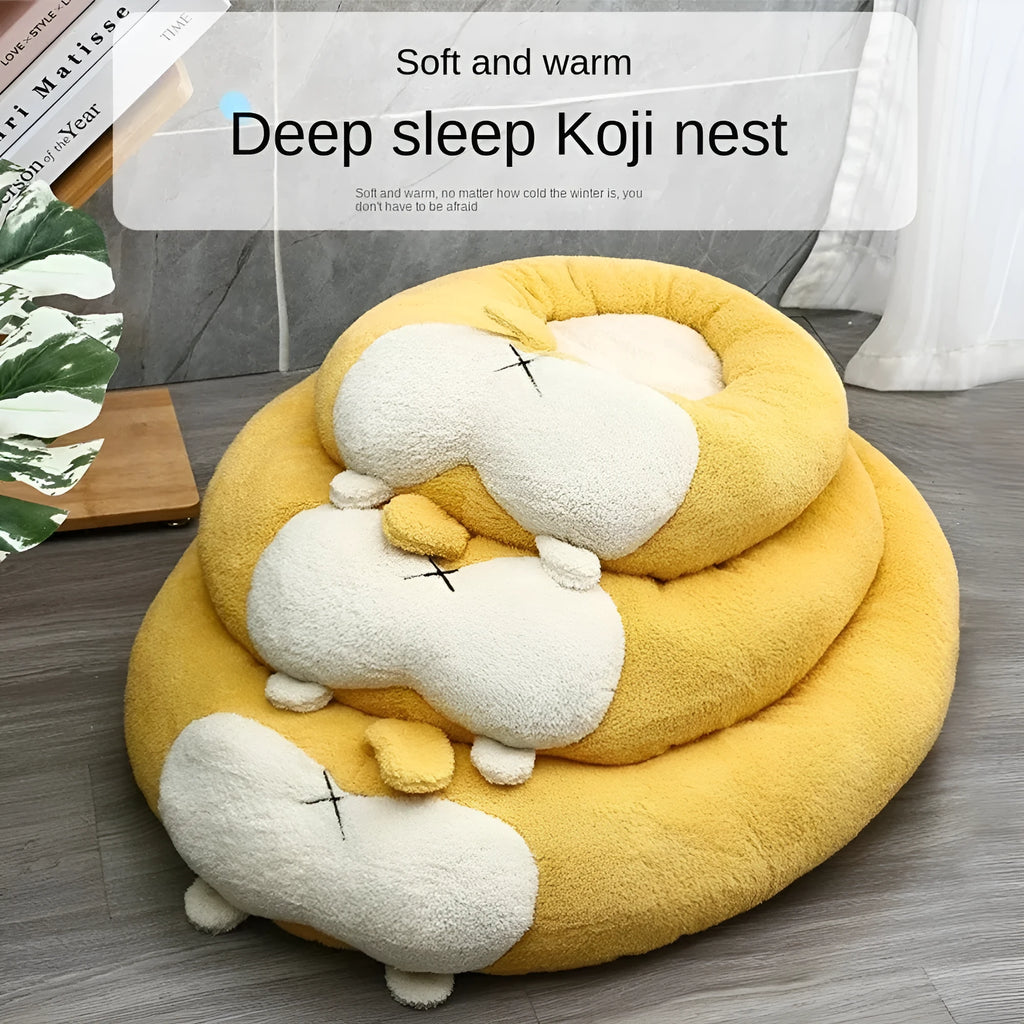 Corgi-shaped soft plush pet bed for dogs and cats, shown in three available sizes.