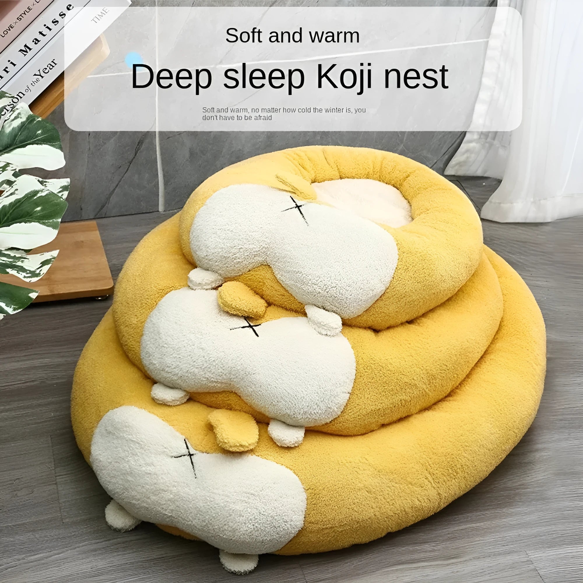 Corgi-shaped soft plush pet bed for dogs and cats, shown in three available sizes.