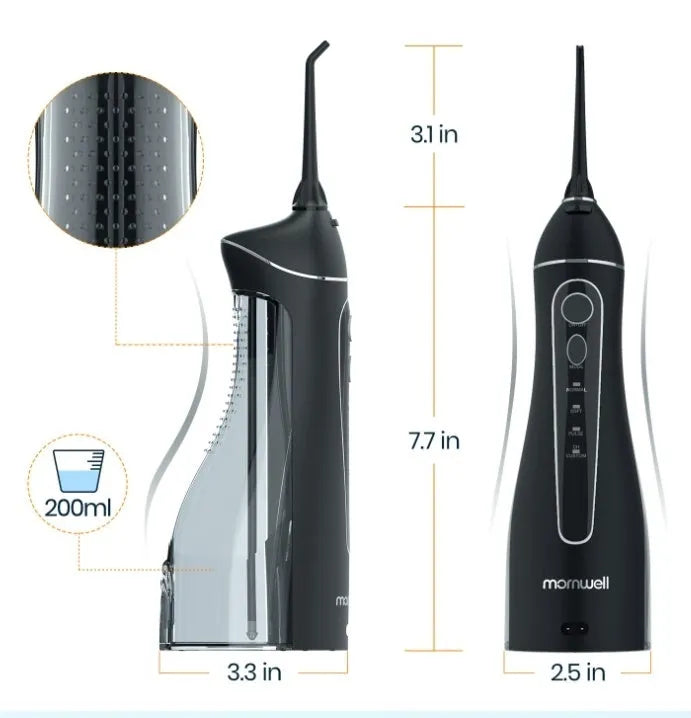 Black portable oral irrigator with water tank and nozzle for dental cleaning