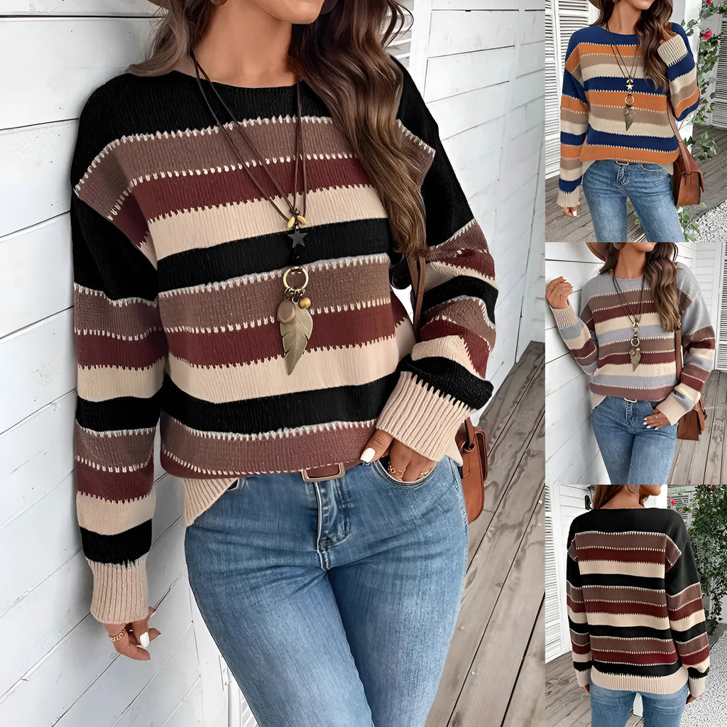 Women's colourblock striped pullover sweater in polyester, shown in black, blue, and grey.