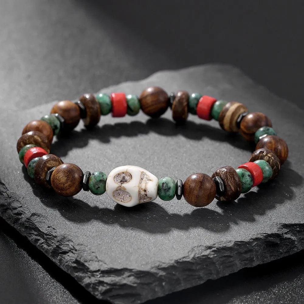 Hand-woven unisex wood bracelet with turquoise accents and totem pattern