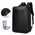 Men's black and silver white waterproof business backpack in street trend style with curved shoulder straps.