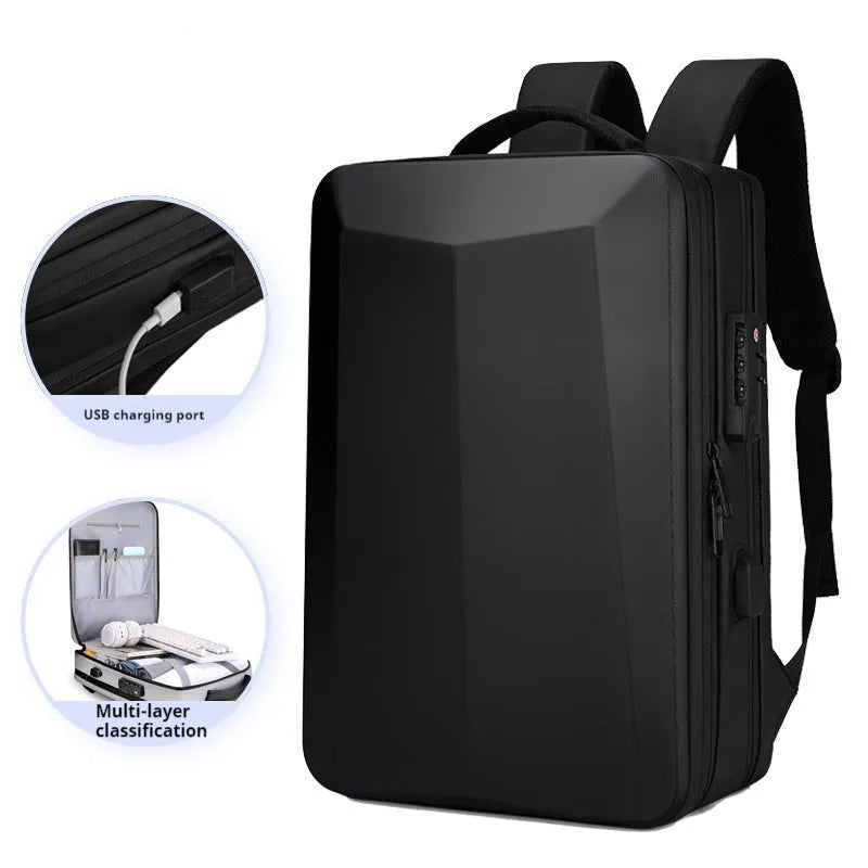Men's black and silver white waterproof business backpack in street trend style with curved shoulder straps.