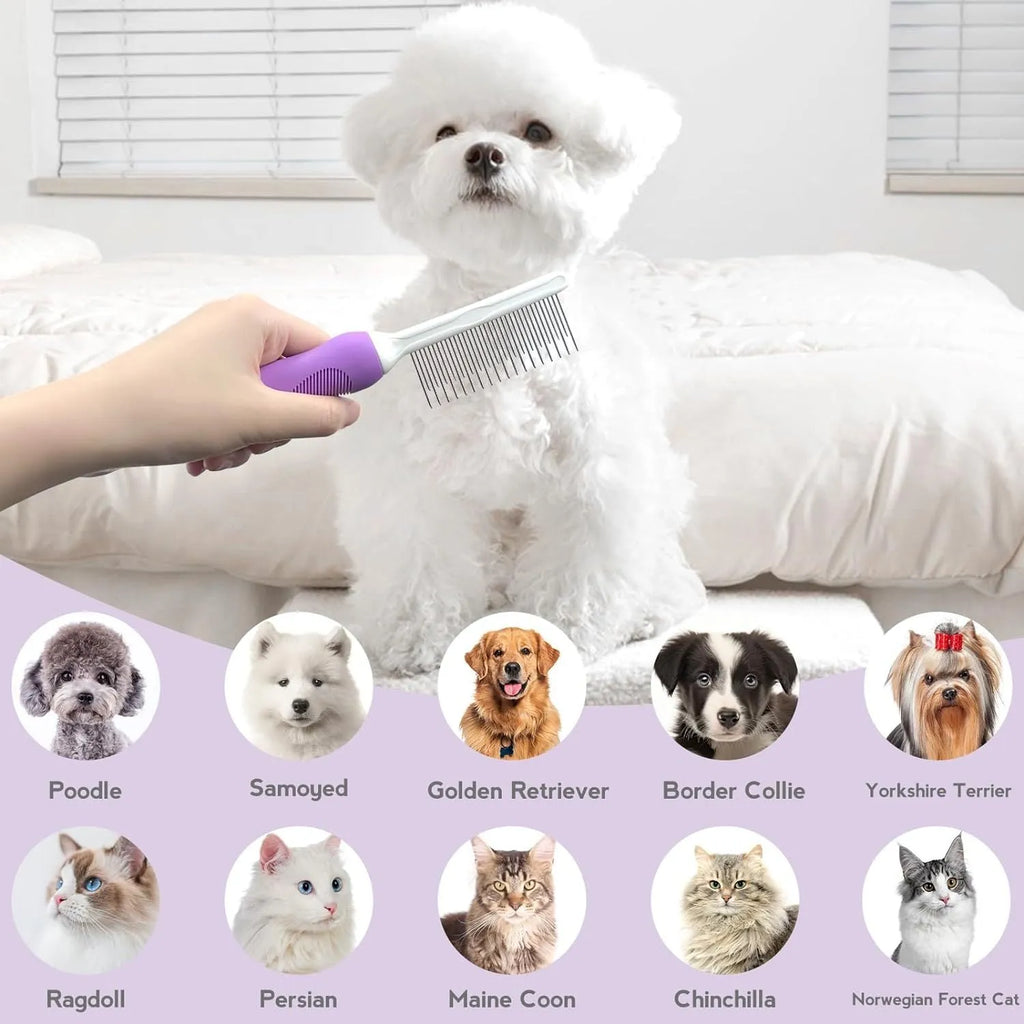 Purple pet grooming comb with stainless steel teeth on an ergonomic handle.