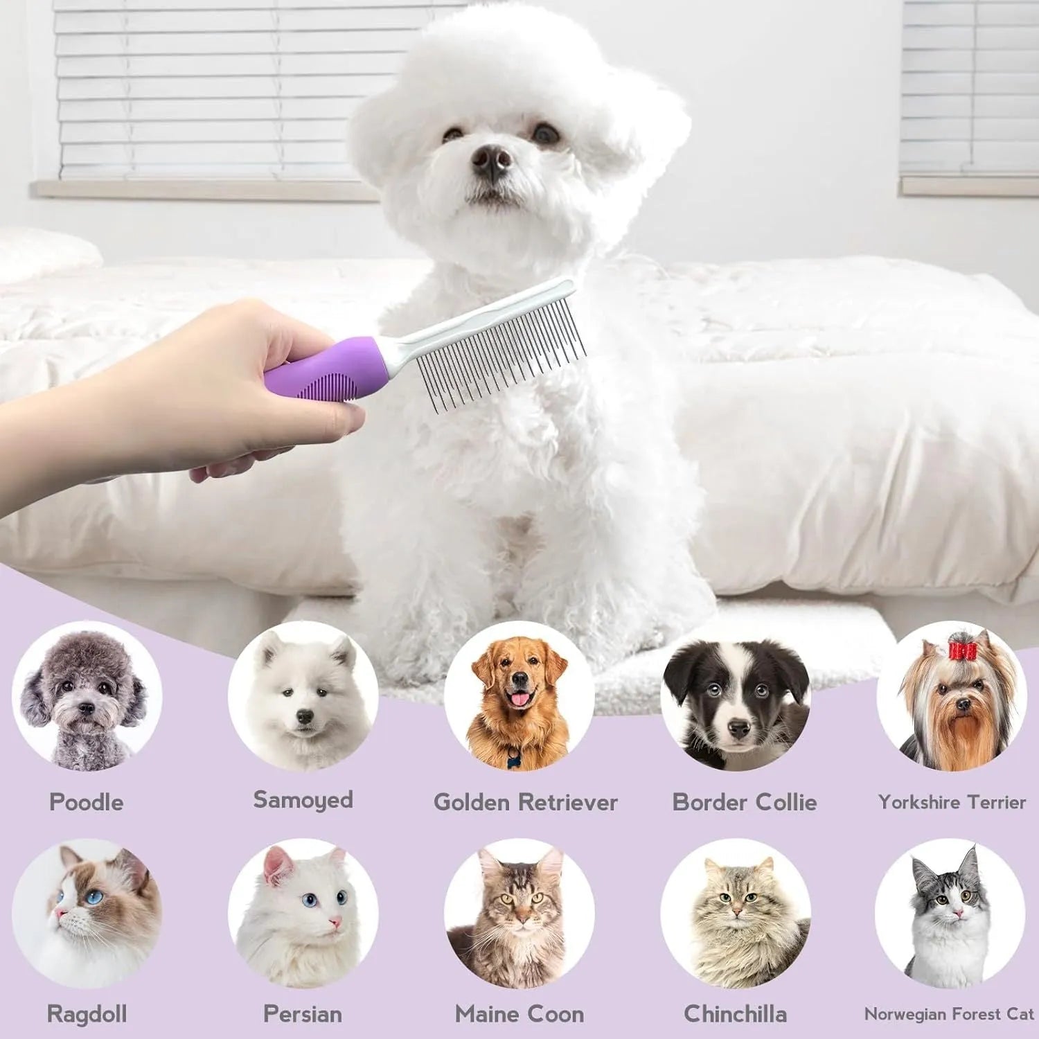 Purple pet grooming comb with stainless steel teeth on an ergonomic handle.