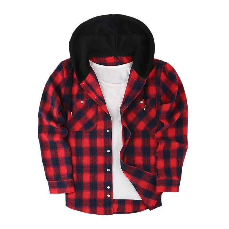 Loose fit casual flannel hooded plaid shirt in polyester with multiple colour options