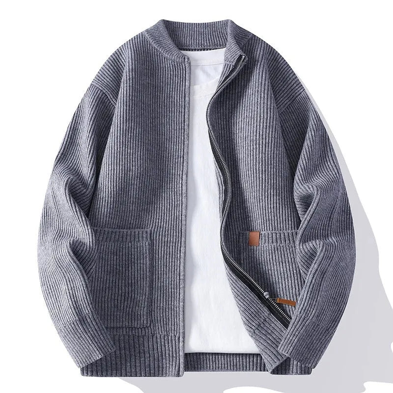 Men's straight-cut sweater cardigan jacket in a chemical fibre blend, shown in available colours.